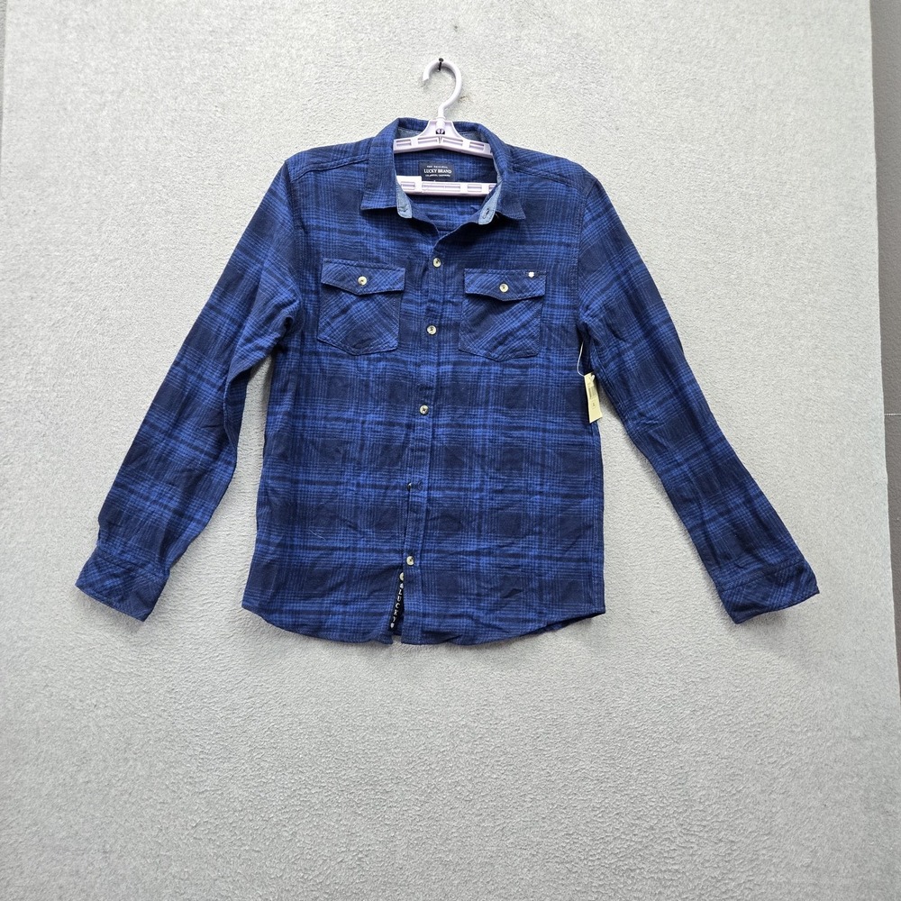 Lucky Brand Boys Button Up Shirt XL Blue Plaid Flannel Long Sleeve Casual NWT
